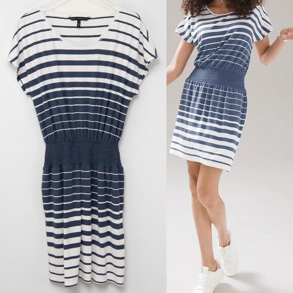 White House Black Market Dresses & Skirts - White House Black Market Short Sleeve Smocked Dress Stripe Blue White Size Small